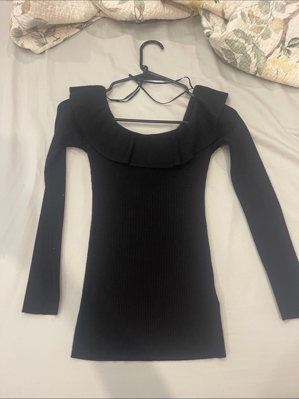 Guess Black Ribbed Off-Shoulder Long Sleeve Dress